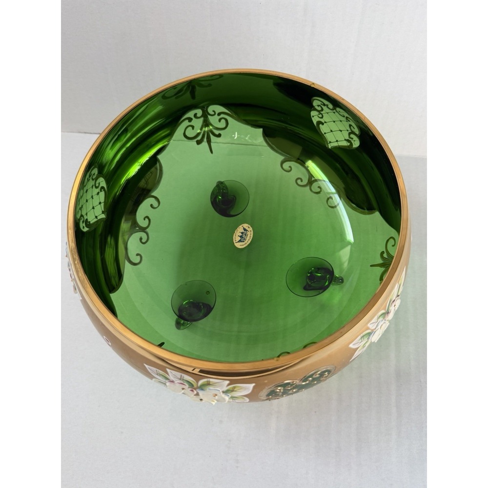 Czech Bohemian Gilded Gold Green Glass Bowl - Picture 5 of 12